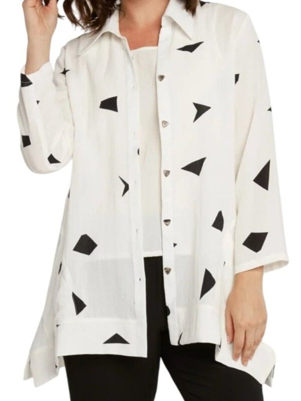 Fridaze Linen Swing Hem Tunic XS White Black Triangle Resort Boho Coastal Beach